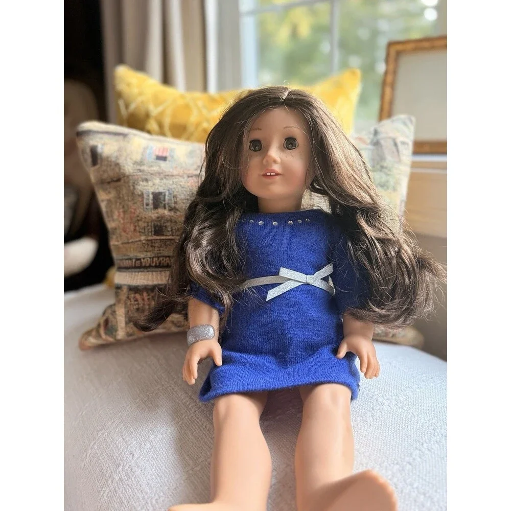 American Girl Truly Me Doll Brunette Green Eyes Freckles 18” Blue Dress AS IS